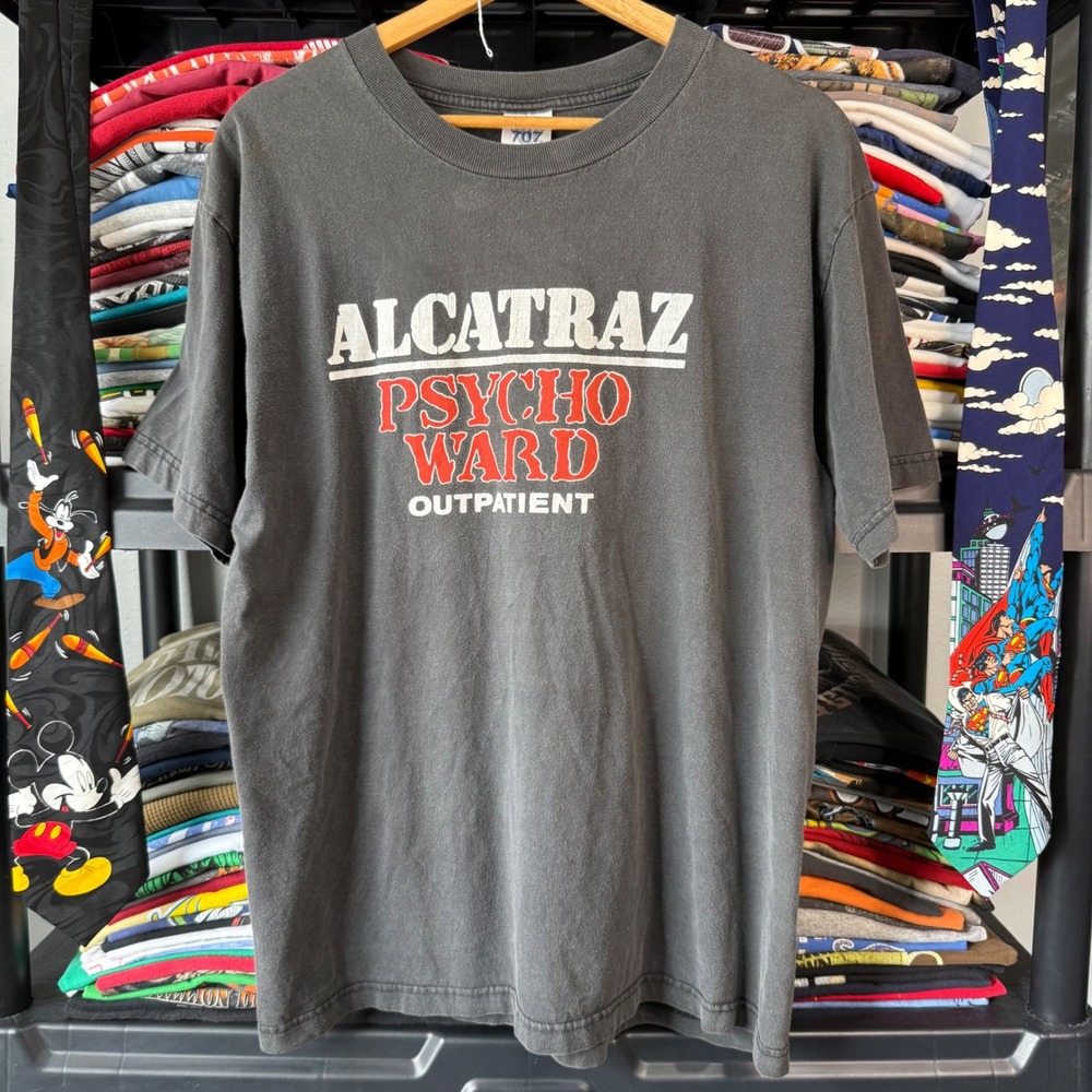 90s Faded Black Alcatraz Psycho Ward Outpatient Graphic Tee Large Light Marks